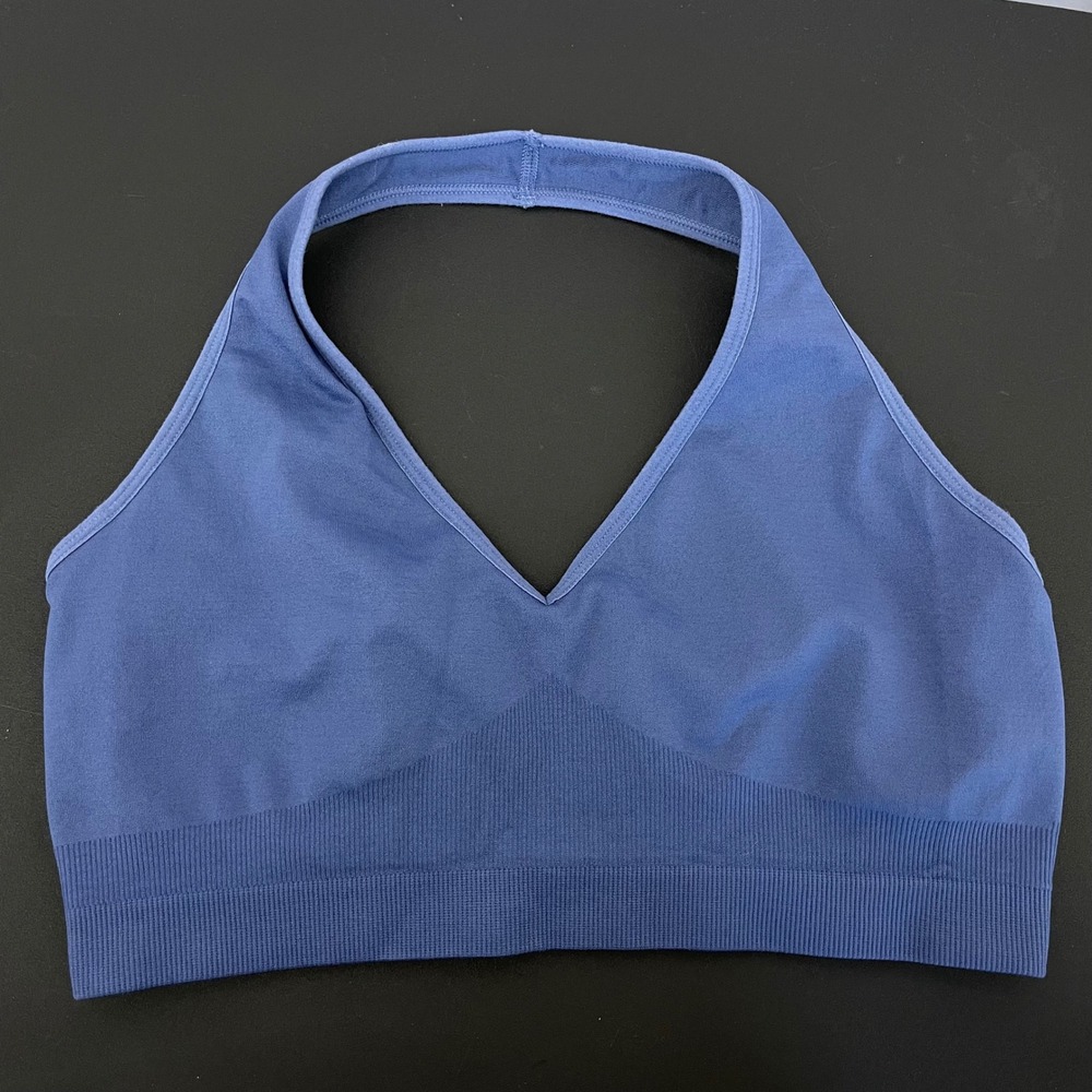LiCi Fit SZ XL/XXL Blue Halter V-Neck Seamless Sports Bra Ribbed Band Activewear
